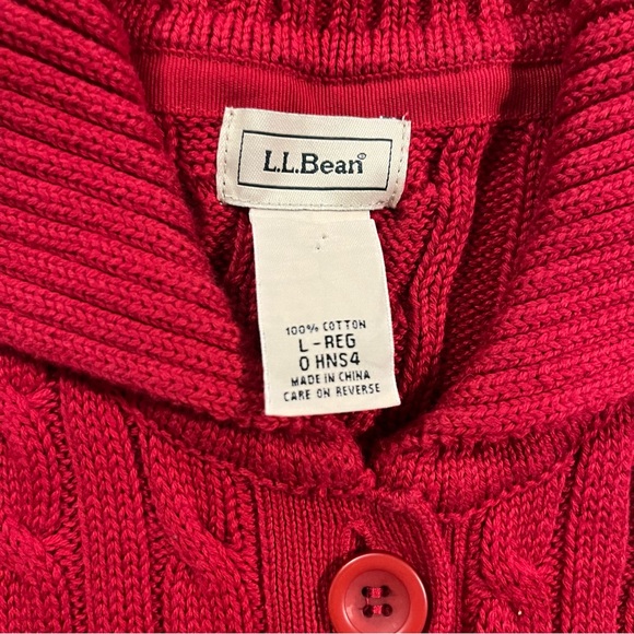 LL Bean Red Short Sleeve Cable Knit Button Down Cardigan Sweater Large Coastal - Picture 5 of 10